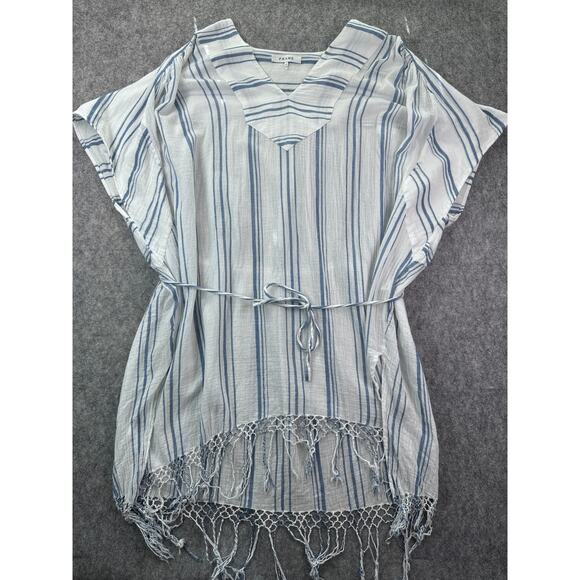 Frame Women's S Blue/ White‎ Striped Cotton Gauze Boho Fringe Cover up Dress - Picture 2 of 8